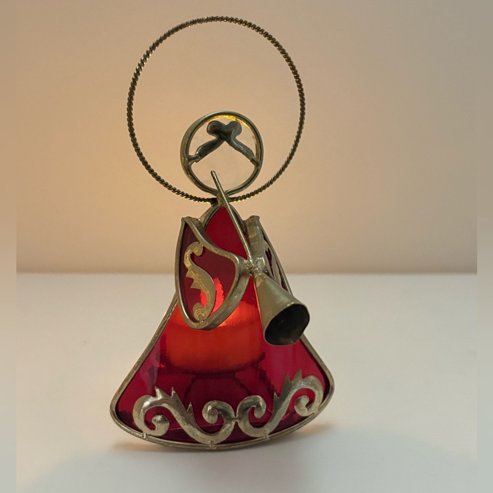 Vintage Red Stained Glass and Brass Angel Candle Holder